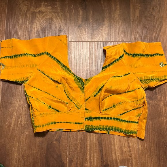 Mustard Yellow Shibori Tie Dye Saree Orange Green Chiffon Indian Sari - Picture 10 of 15